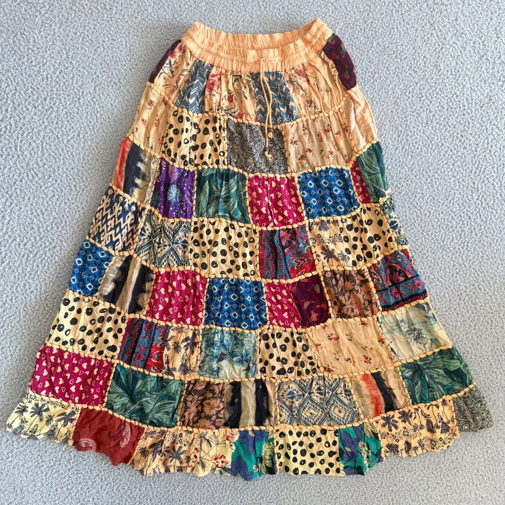 Vintage 90s Patchwork Maxi Skirt Medium Boho Hippie Multi Print Embroidered